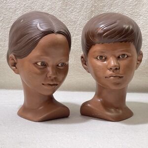 Vintage Classic‎ Bisque Porcelain Pair Boy Girl Bust Pacific Islander Polynesian